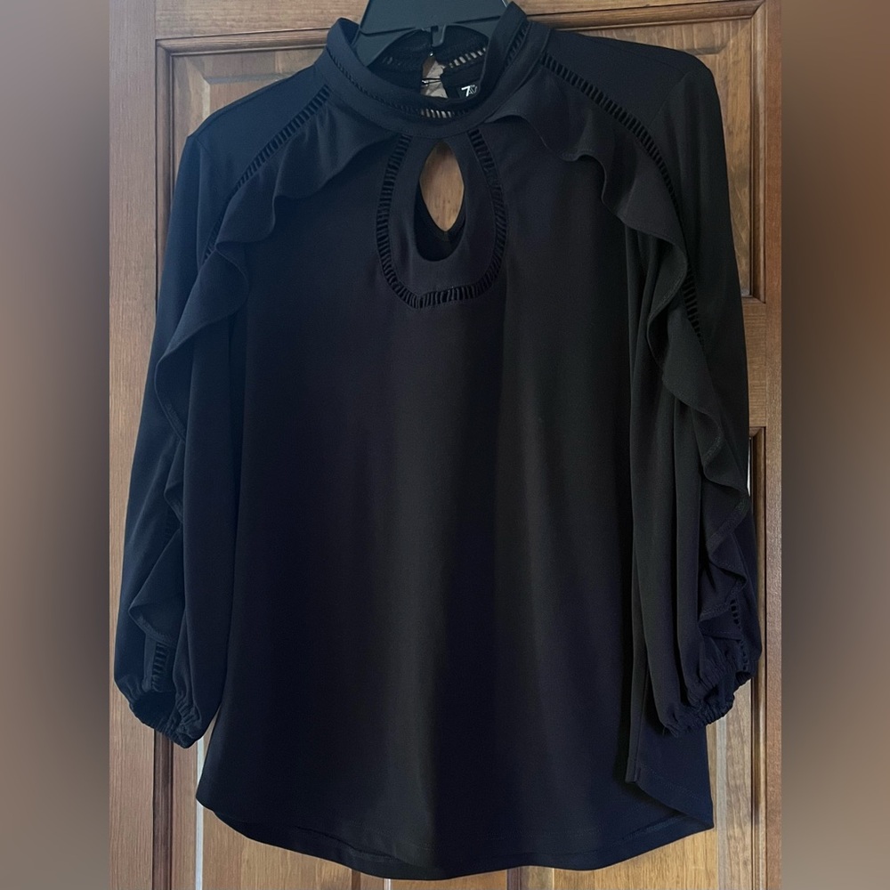 New York & Company Black Ruffle Keyhole Mock Neck Blouse